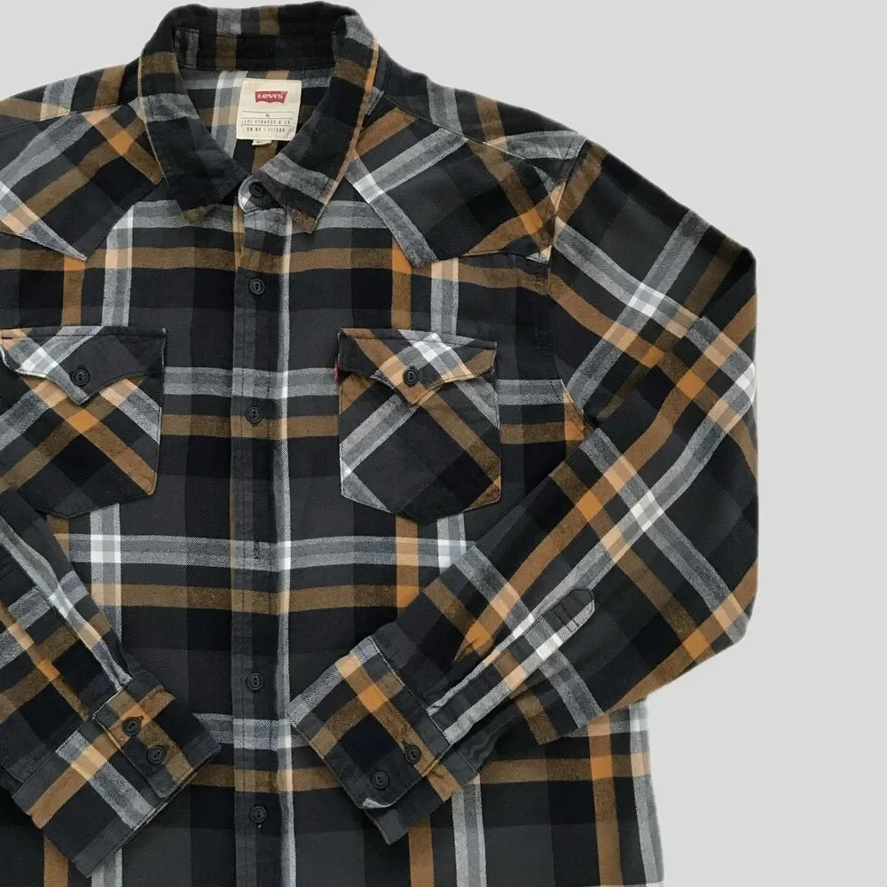 Levis Navy Blue Plaid Long Sleeve Cotton Flannel Casual Grunge Shirt Mens XL